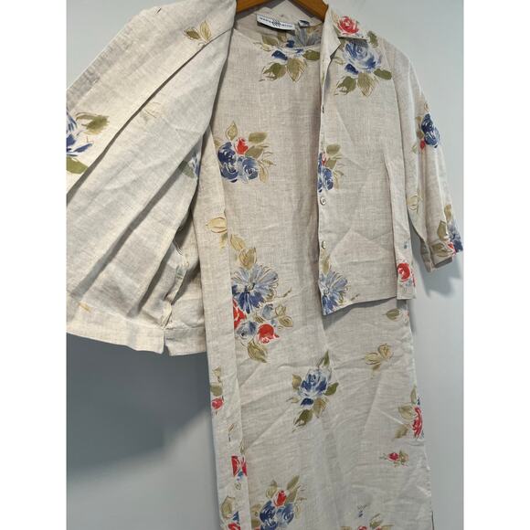 Marisa Christina 100% Linen 2 Piece Dress Jacket Cream Pink Blue Floral Small JL - Picture 3 of 12